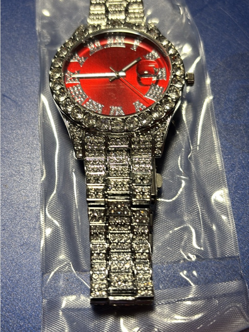 Crystal-Embellished Silver Watch with Red Dial